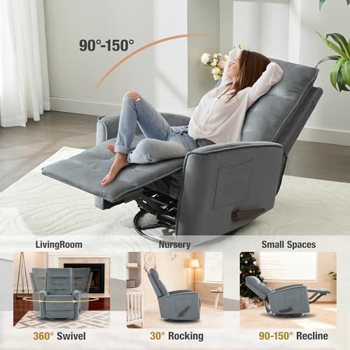 GNMLP2020 Swivel Rocker Recliner Chair, Rocking Chair, Small Swivel Recliner for Small Spaces, Living Room, RV(Dark Grey)