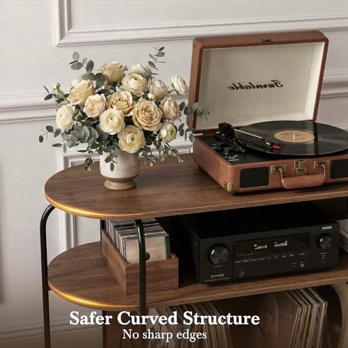 Faesun Large Record Player Stand with Vinyl Record Storage & Power Outlets, Holds 200+ Albums, 3-Tier Turntable Stand for Living Room & Bedroom, Mid Century Round Shelf Design,Walnut Faesun