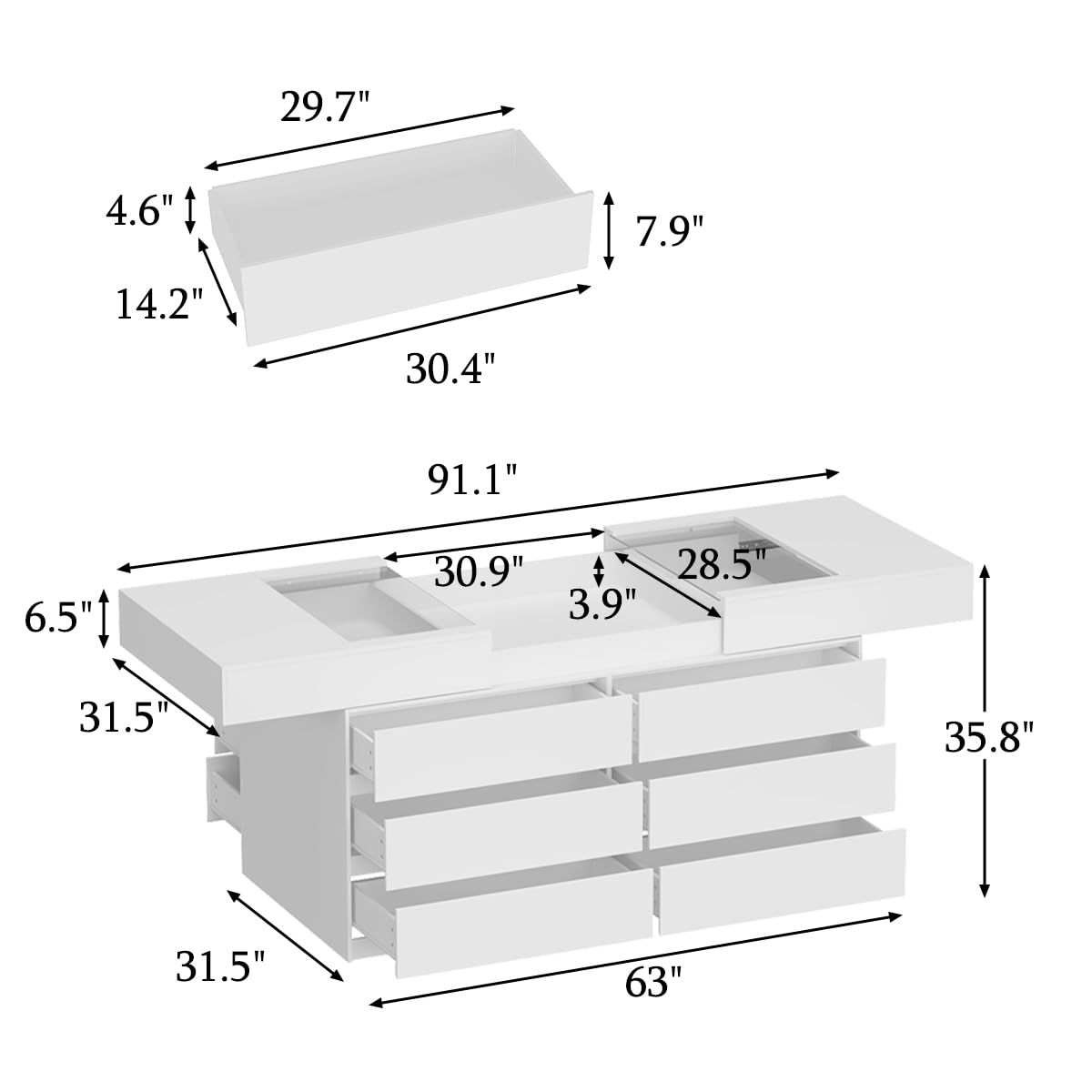 TAMUNE Armoire Bedroom Island Wardrobe Closet Island with 12 Drawers & Sliding Glass Tabletop, Island Dresser with Expandable Design, Closet Island for Bedroom Cloakroom White 63”W x 31.5”W x 35.8”H TAMUNE