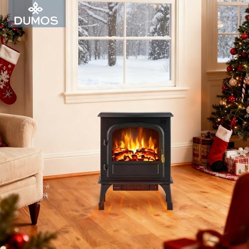DUMOS Electric Fireplace Heater, 26” Freestanding Electric Fireplace Stove with 3D Flame Effect & Remote Control, Stylish Stove for Home with Safety Features, Adjustable Heat & 12H Timer, Charcoal DUMOS