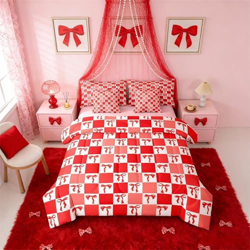 Erosebridal Ribbon Bow 7 Piece Bedding Set Full Grid Comforter Set with Sheets Plaid Check Aesthetic Coquette Kawaii Bed in a Bag Cute Bowknot Red for Kids Girls Women Erosebridal