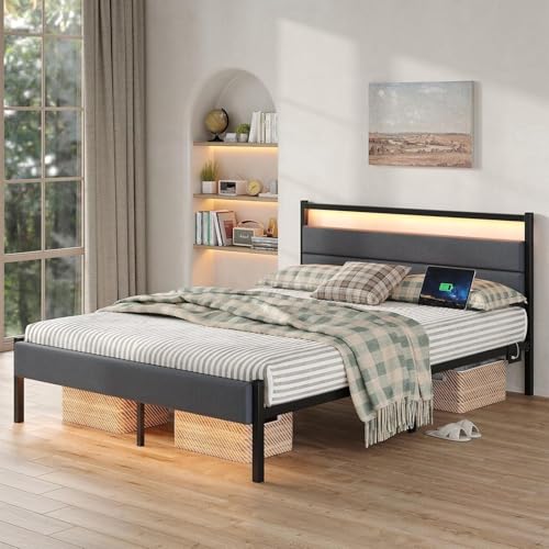 Full Bed Frames with Charging Station, LED Lights Bed with Grey Upholstered Headboard, Under Bed Storage, With Heavy Duty Slats Support, No Box Spring Needed, Noise Free, Easy Assembly, Black CollaredEagle