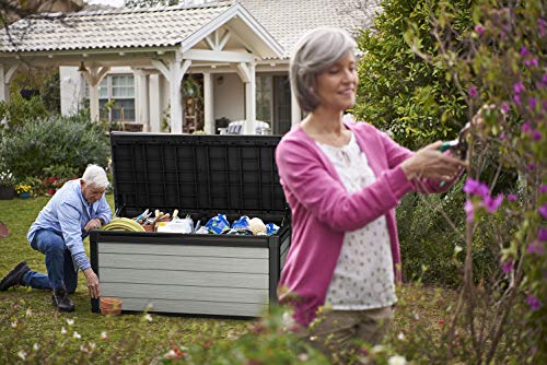 Keter Denali 150 Gallon Resin Large Deck Box-Organization and Storage for Patio Furniture, Outdoor Cushions, Garden Tools and Pool Toys, Grey & Black Keter