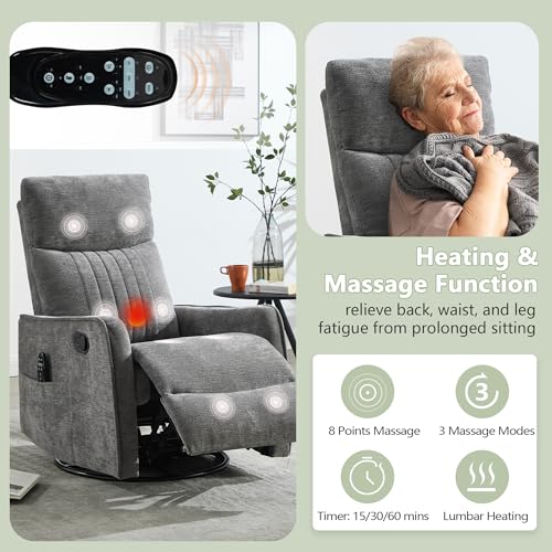 cinkehome Heated Massage Swivel Rocker Recliner Chair for Nursery - Small Space Reclining Chair with Lumbar Support, 360° Swivel & Gentle Rocking, Ergonomic High Back Chenille Fabric Gray