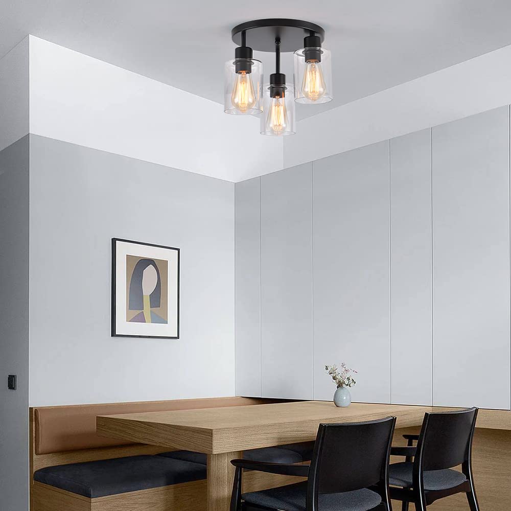 IHENGYANLT 3-Light Industrial Farmhouse Black Matte Light Fixtures Ceiling Mount, with Clear Glass Shades Semi Flush Mount Ceiling Light, for Hallway Fixtures Kitchen, Foyer IHENGYANLT