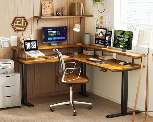 AODK Electric L Shaped Standing Desk, 59 Inch Height Adjustable Stand Up Desk with Power Outlets & Full Monitor Stand, Reversible Corner Desk for Home Office & Computer Workstation, Rustic Brown AODK