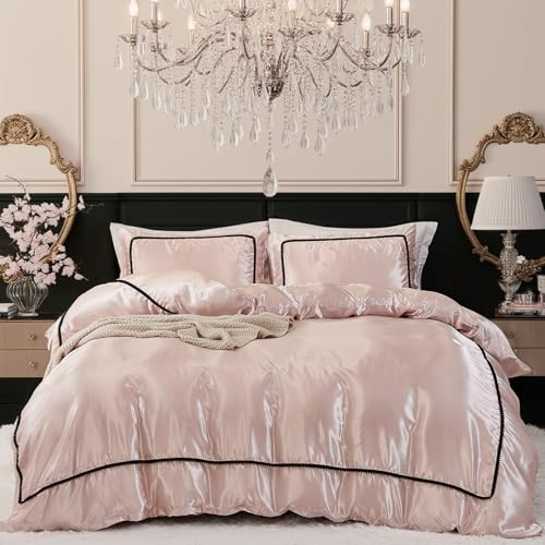 Herside Pink Mocha Satin Comforter Set 7 Pcs Full Size Bed in a Bag Luxury Satin Bedding Set with Comforter Pillowcases and Sheets Sets Mini Pompoms Design Super Soft Silky Bed Set for All Seasons Herside