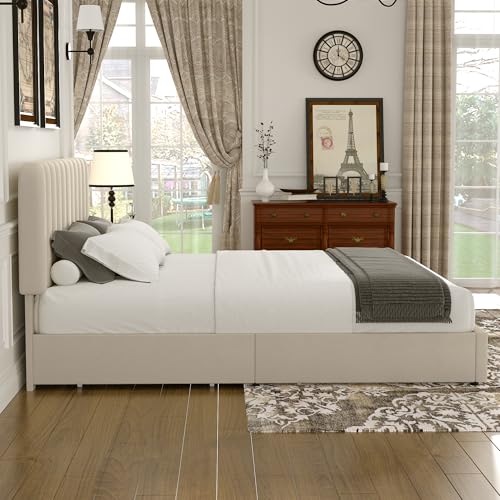 VECELO Queen Size Upholstered Bed Frame with 4 Drawers and Headboard, Velvet Platform Storage Bedframe, Wooden Slats Support, No Box Spring Needed, Beige VECELO
