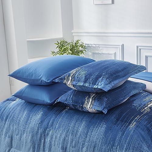 Dinjoy Ombre Blue Comforter Set Full Size Reversible Gradient Blue Grey Boho Bedding Set for Men Women 8 Pieces Bed in A Bag Bohemian Bed Set with Comforter, Sheets, Pillowcases & Shams Dinjoy