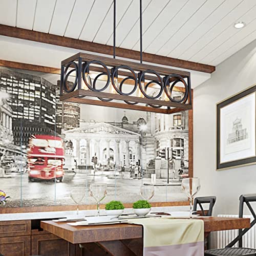 XINGQI Black Kitchen Island Light Fixtures, Farmhouse Dining Room Chandelier Rectangular Linear Chandeliers Pendant Ceiling Light Fixture for Bar Office Coffee Shop 4-Light Wood Grain XINGQI