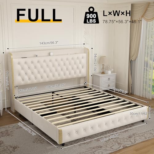 GEGOFORU Full Wingback Modern Platform Bed with Galaxy Projector, 4 Dust-Proof Storage Drawers, LED Bed Frame, USB Ports, No Box Spring Needed & Noise-Reduction Sturdy Wood Slats, Velvet Cream GEGOFORU