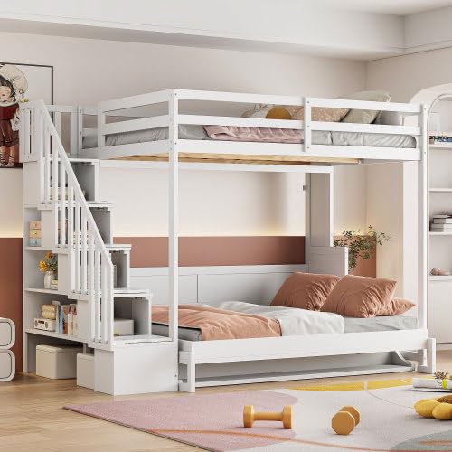 Full Murphy Bunk Bed with Desk and Hydraulic Lift, Full Over Full Size Murphy Bed with Storage Stairs, White Bellemave