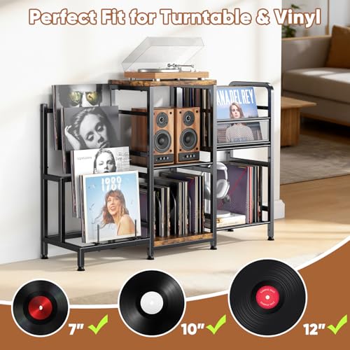 POKIPO Large Record Player Stand, Vinyl Record Storage Holds up to 400+ Albums, 3 Tier Turntable Stand with Display Shelf, 3-in-1 Multifunctional Record Player Cabinet Media Console Table for Stereo POKIPO