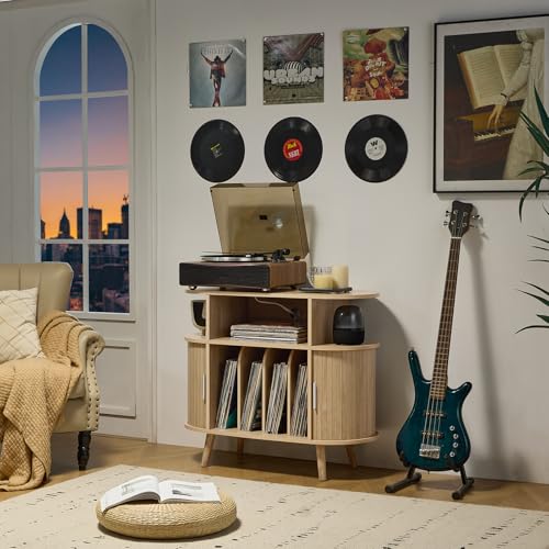LELELINKY Large Round Record Player Stand with Charging Station & Fluted Display Shelf, Natural Mid Century Modern Turntable Cabinet with Vinyl Storage, Arched Wood Record Player Table for Living Room LELELINKY