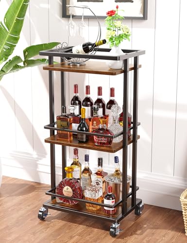 OKZEST 3 Tier Bar Cart for Home, Rolling Mini Liquor Bar for Wine Beverage Dinner Party, Utility Kitchen Storage Island Serving Cart on Wheels, Coffee Bar Cabinet for Kitchen Dining Living Room, Brown OKZEST
