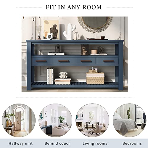 Modern 62.2" Console Table, Sofa Table with 4 Drawers and 2 Shelves, Suitable for Entrance, Hallway, Living Room, Bedroom (Navy Blue@G>) Hlcodca