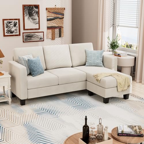 YESHOMY Convertible Sectional 3 L-Shaped Couch Soft Seat with Modern Linen Fabric, Small Space Sofas for Living Room, Apartment and Office, 70'', White YESHOMY