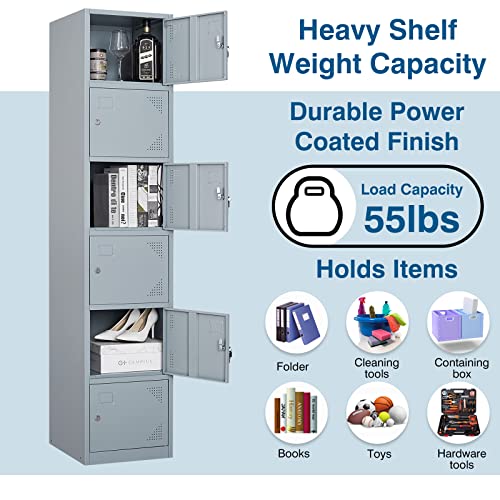 PEUKC Metal Locker Cabinet with 6 Doors, 71" Storage for Employees, 6 Tier Steel Locker with Lock and Keys for School, Gym, Home, Office Staff (Grey) PEUKC