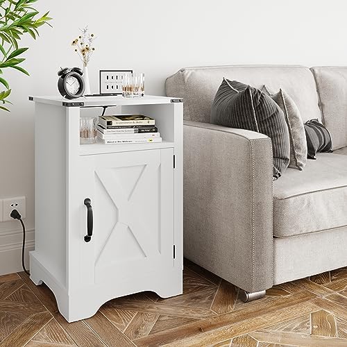 RoyalCraft Farmhouse Nightstand with Charging Station, Tall Bedside Table with Large Storage Room and Shelf, Wooden Rustic End Table for Bedroom, Living Room (White) RoyalCraft