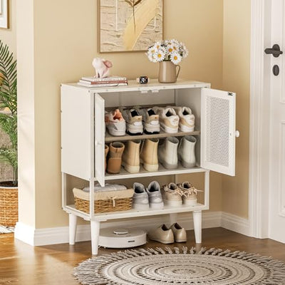 Shoe Storage Cabinet with Visible Mesh Doors for Entryway, Small Shoe Organizer Holds 12-16 Pairs of Shoes up to 11.8"L, Freestanding Wooden Shoe Rack with Front Door for Hallway, Living Room (White)