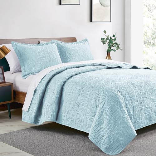 Love's cabin Twin Quilt Set Spa-Blue Bedspreads - Soft Bed Summer Lightweight Bedspread Comforter - Modern Style Coin Pattern Coverlet for All Season - 2 Pieces (1 Quilt, 1 Pillow Sham) Love's cabin