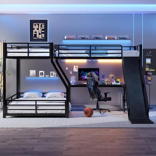 Harper & Bright Designs Triple Bunk Bed, L-Shaped Twin Over Full Bunk Bed with Twin Size Loft Bed,Metal Triple Bunk Bed with Slide and USB Ports for Apartments, Dormitories. (Black) Harper & Bright Designs