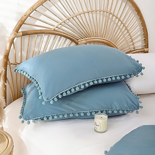 YIRDDEO Queen Comforter Set - Comforter Queen Size Sets with Ball Pom Fringe, Soft Bedding Set for All Seasons - 3 Pieces, 1 Comforter (90"x90") & 2 Pillow Shams (20"x26"), Dusty Blue YIRDDEO