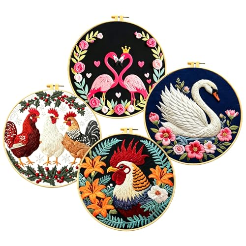 Zhenqing Birds Embroidery Kit for Beginners, 4 Circular Designs with 20cm Hoop, Pre-Printed 29x29cm Fabric & Threads - Flamingo, Swan, Chicken, Rooster Patterns for Home Decor(C0180)