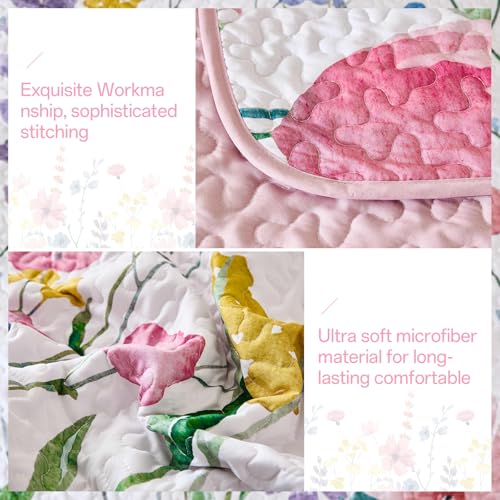 Anibedding Queen Quilt Set, Reversible Pink Floral Bedspread Soft Microfiber Lightweight Queen Size Quilt Bedding Sets Flower Coverlet for All Season(Queen, 96"x90") Anibedding