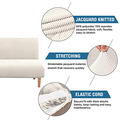 H.VERSAILTEX Armless Futon Cover Stretch Sofa Bed Slipcover Protector Elastic Feature Rich Textured High Spandex Small Checks Jacquard Fabric Futon Cover, Machine Washable, Ivory H.VERSAILTEX