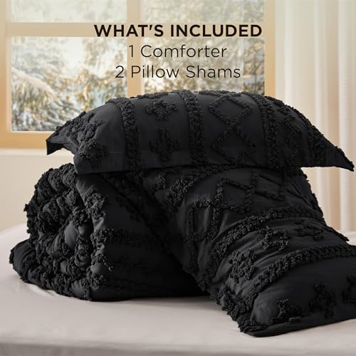 Bedsure Tufted Boho Comforter Set King Size - Black Boho Bed Set, GentleSoft™ 3 Pieces Farmhouse Shabby Chic Embroidery Bedding, Gifts for Woman, Soft Jacquard King Comforter for All Seasons Bedsure
