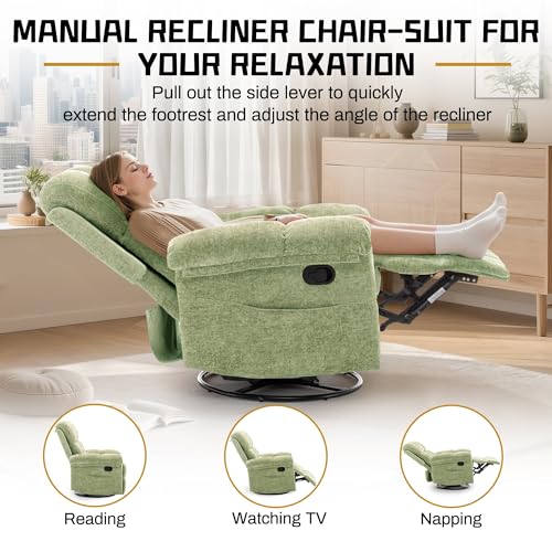Korser Recliner Chair, Swivel Rocker Recliner Chair for Adults, Small Recliners for Small Spaces, Upholstered Manual Recliner with Side Pockets, Nursery Rocking Chair for Living Room, Chenille, Green