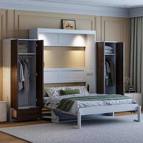 Flieks Full Size Murphy Bed, Wooden Full Wall Bed with Closet, Drawers and Desk, White Flieks