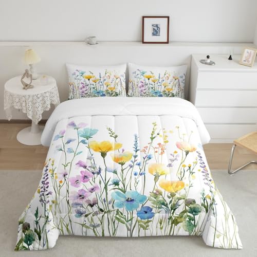 Erosebridal Spring Flower Comforter Set Twin Size, Beautiful Floral Bedding Set Natural Botanical Wildflower Quilt Rustic Farmhouse Duvet Insert for Teens Adult Women Bedroom, Aesthetic Decor Erosebridal