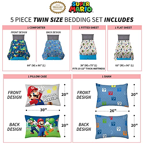 Super Mario Bros Kids Bedding Super Soft Cozy Reversible Comforter and Sheet Set with Sham, 5 Piece Twin Size Nintendo Gamer Bed Set, (100% Officially Licensed Product) by Franco Franco