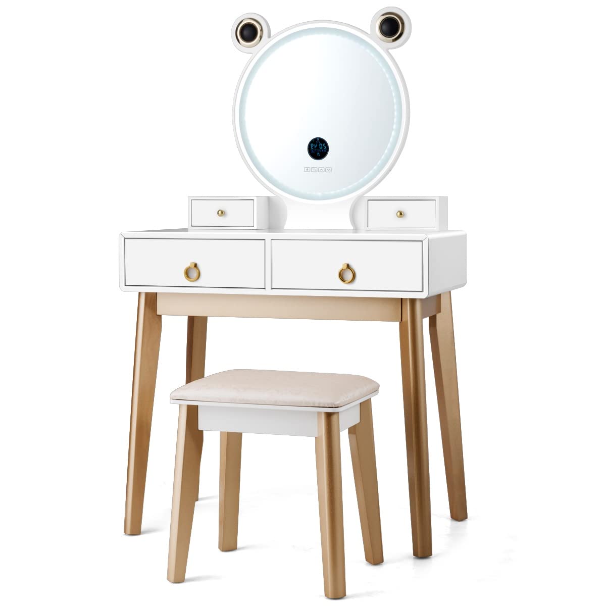 CHARMAID Vanity Set with Lighted Mirror, 3 Color Touch Screen Dimming Mirror with Display, 4 Drawers with Jewelry Organizer, Bedroom Makeup Dressing Table with Cushioned Stool CHARMAID