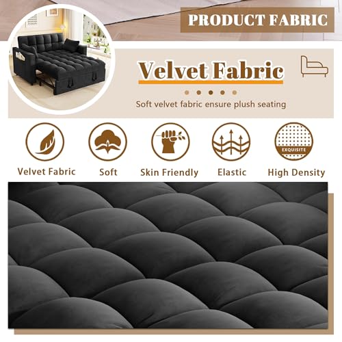 3 in 1 Convertible Sleeper Sofa Bed, 52'' Velvet Pull Out Couch Bed with Comfy Pillows & Adjustable Backrest/Side Pockets,Futon Loveseat Sleeper Sofa for Small Spaces Living Room Bedroom (Black) HRVEOCEI
