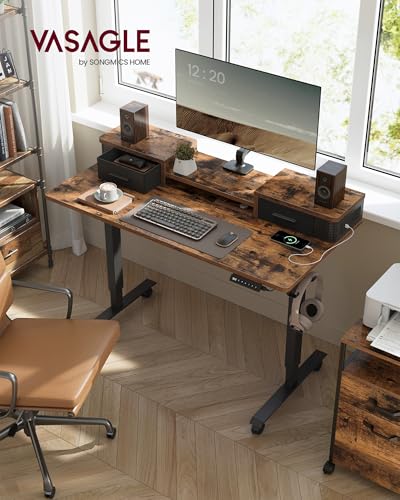 VASAGLE Electric Standing Desk with Drawers, 47.2 x 23.6 Inches, Sit Stand Desk with Power Outlet and LED Lights, Adjustable Height, Storage Shelf, 3 Memory Buttons, for Home Office, Rustic Brown VASAGLE
