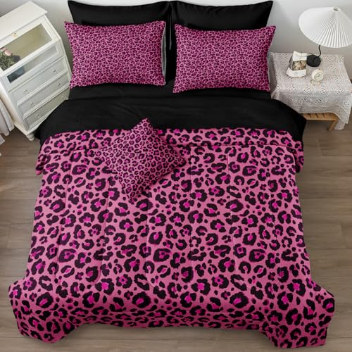 Leopard Print Comforter King Black and Pink Bedding Sets 8 Pcs Hot Pink Cheetah Animal Print Texture Wild Leopard Bed in A Bag with Comforter and Sheet Set Chumerry