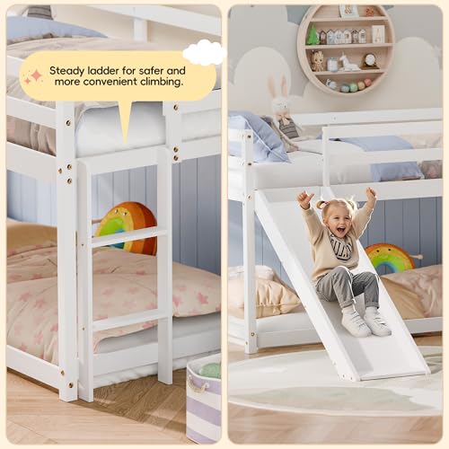 Callales Twin Bunk Bed with Slide, Solid Pine Wood Loft Bed Frame for Kids, Toddlers, Floor Loft Low Bunk Bed Twin Over Twin with Ladders, Safety Guardrails, Storage Space, Bedroom (White) Callales