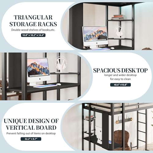 SUNLEI Loft Bed Twin Size with Desk and Safety Guard Rail, Twin Size Metal Bed Frame with Double Layer Shelves for Storage, No Box Spring Needed and 2 Security Ladders, Black SUNLEI