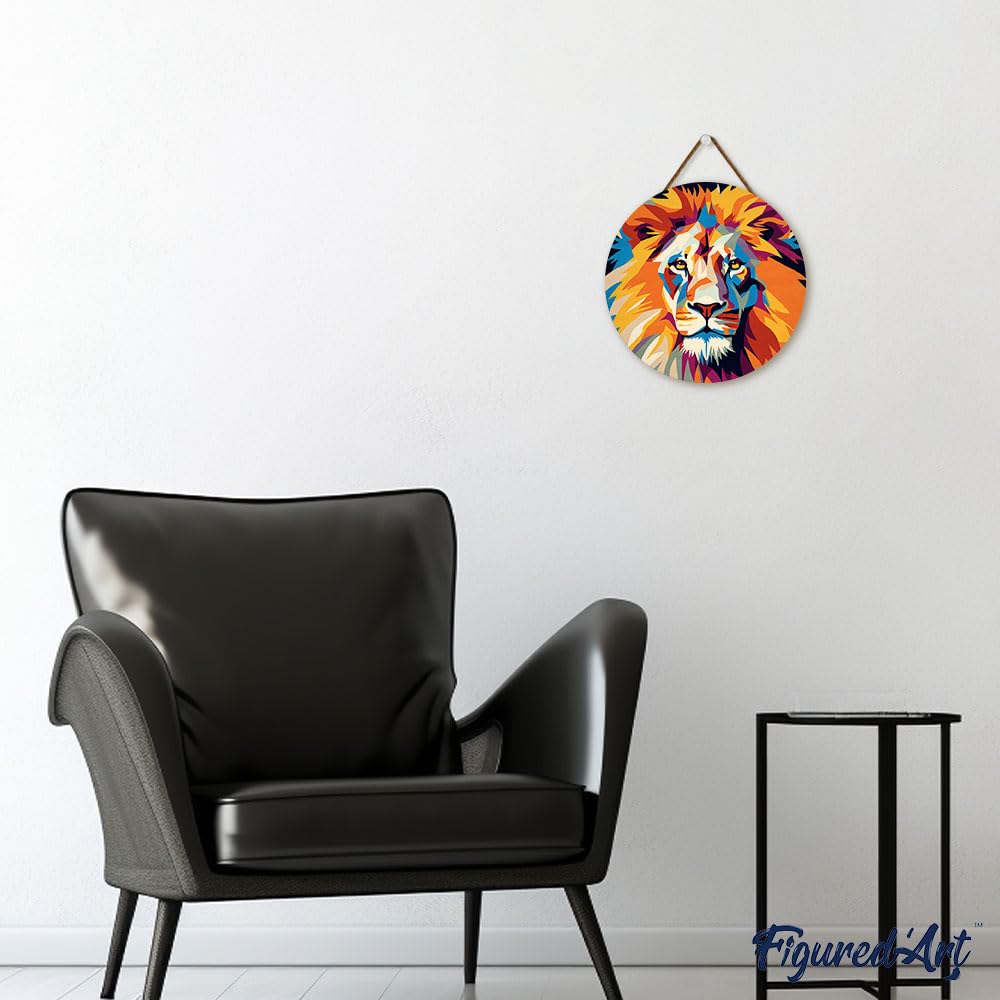 Figured'Art Paint by Numbers Kit for Adults on Wood Slice, 11.8in Diameter - Lion - Craft Art Painting DIY Canvas Figured'Art