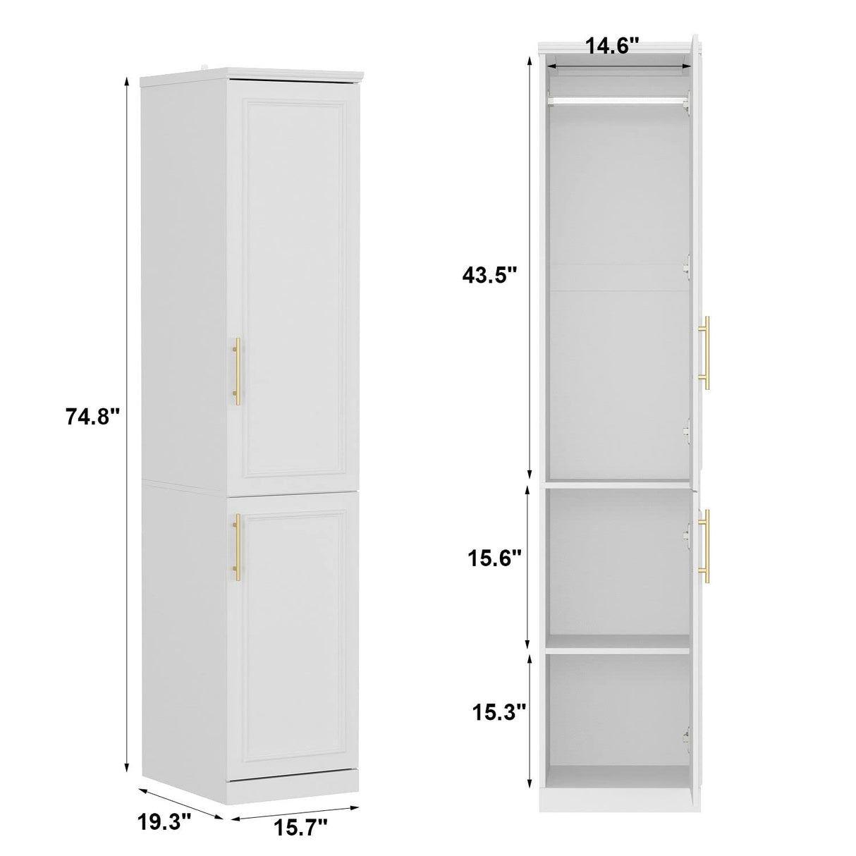 FAMAPY 2 Door Wardrobe Tall and Narrow Armoire Wardrobe with Hanging Rod, Gold Metal Handles, Closet for for Bedroom White (15.7”W x 19.3”D x 74.9”H) FAMAPY