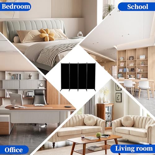 Room Divider 6FT Room Partition with Lockable Wheels, (Thicked Metal Base) Room Dividers, Freestanding Indoor Folding Privacy Screens, Portable Fabric Wall Divider for (Black, 88"- 4 Panel) JVVMNJLK