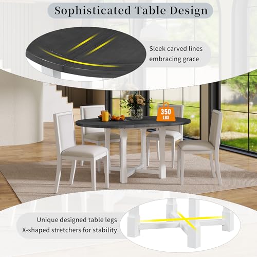 Merax 5-Piece Extendable Dining Table and 4 Upholstered Chairs, Round Oval Dining Table Set for 4, Wood MDF Kitchen Table Set with Removable Leaf for Dining Room, 42" to 58" (Grey+White) Merax