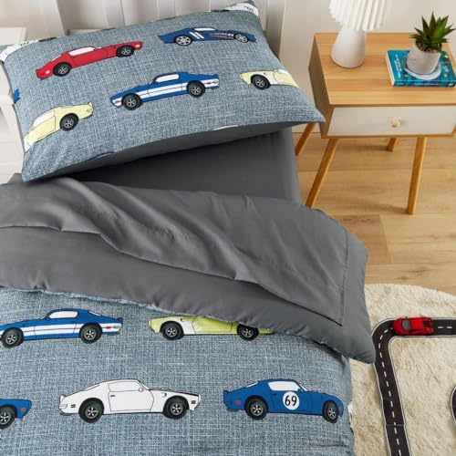Wake In Cloud - Race Car Toddler Bedding Set for Boys, Cute Colorful Sports Car Supercar Wheels, 4 Pieces Soft Crib Bed Set Including Comforter, Sheets and Pillowcase, Gray Wake In Cloud
