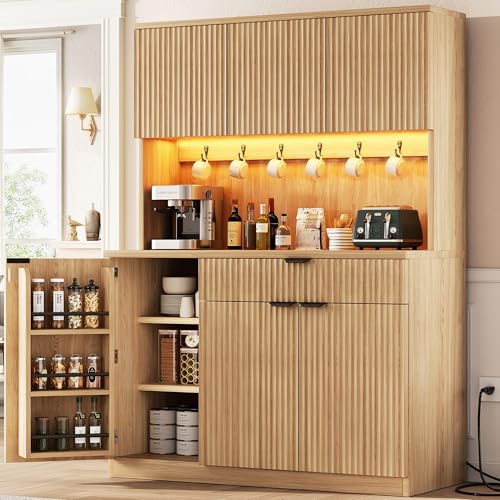 Jocoevol Fluted Kitchen Pantry Storage Cabinet with Charging Station/LED Light/Doors/Shelves, 71'' Tall Kitchen Food Hutch with Microwave Stand for Dining Room Living Room (Natural, 41 * 15.7 * 71) Jocoevol