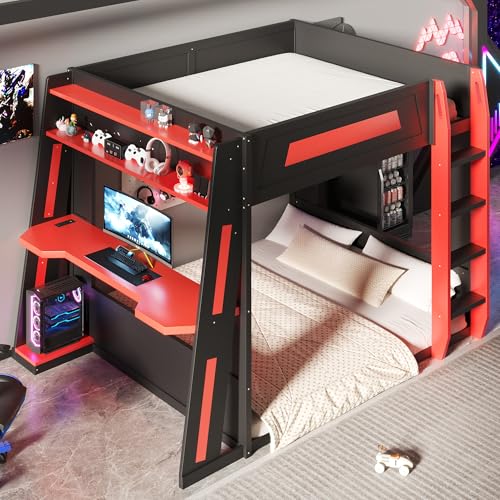 SOFTSEA Queen Size Gaming Bunk Bed with Desk, Storage Shelves, LED Lights & USB Ports, Wood Loft Bunk Bed with Desk and Ladder for Kids, Teens & Adults, Space-Saving, Black & Red SOFTSEA