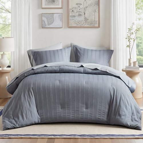 Madison Park Essentials Striped Comforter Set King, 7 Pieces Modern Minimalist Jacquard Bedding Set for All Season, Bed in A Bag with Sheet Set and Soft Brushed Reverse, Lightweight Blue/Grey Madison Park Essentials
