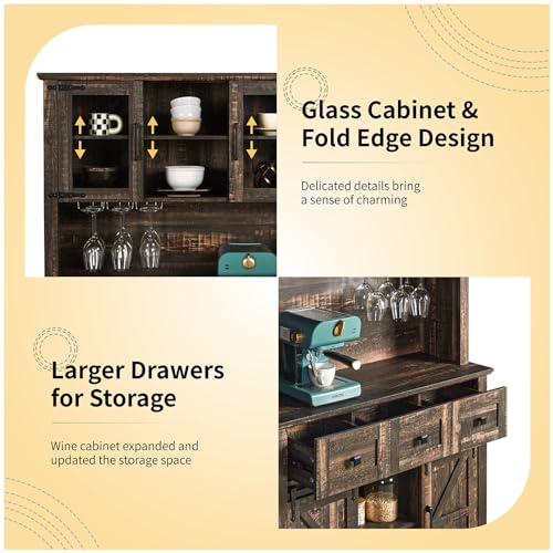 LUXOAK 72" Coffee Bar Wine Cabinet with Sliding Barn Door & LED Lights, Sideboard Buffet Cabinet with Wine Bottle Rack, 3 Drawers, Storage Cabinet for Kitchen, Dining Room, Dark Rustic Oak LUXOAK